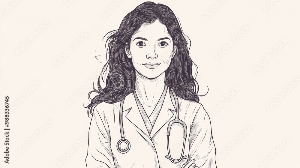 Female physician in medical uniform hand drawn line art illustration representing healthcare profession Female physician in medical uniform hand drawn line art illustration representing healthcare profession