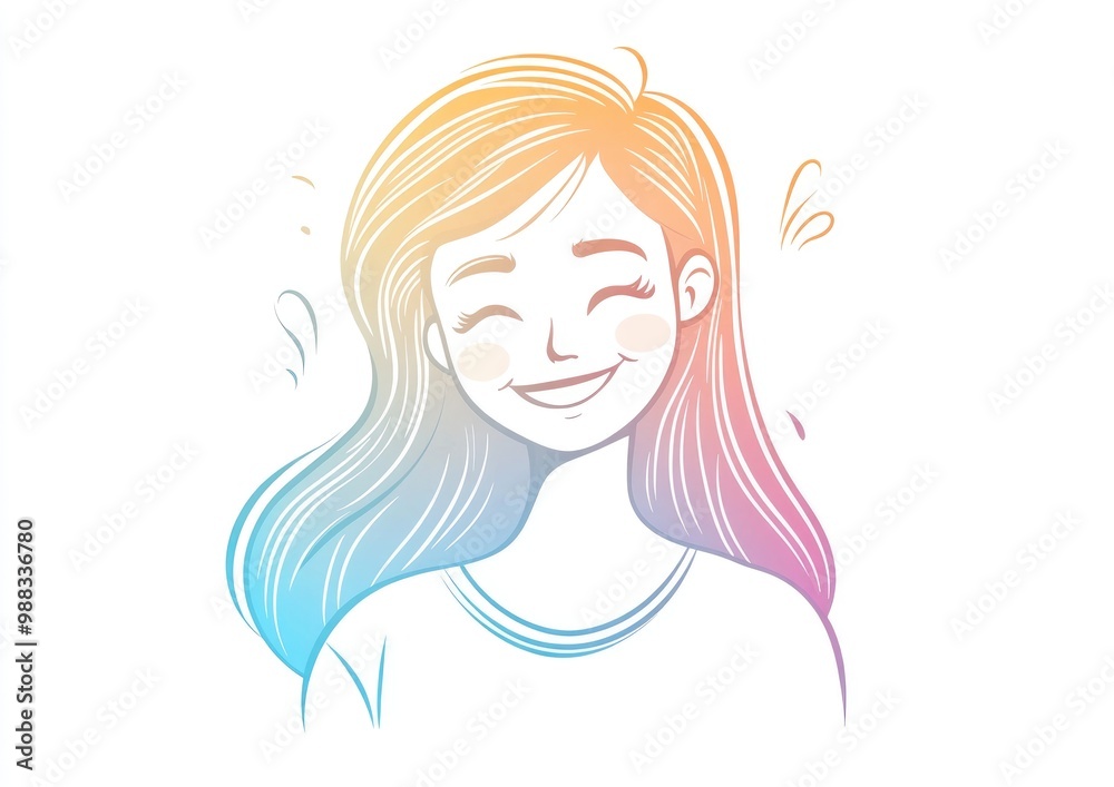 Line art illustration featuring a cold gradient design of a cheerful cartoon woman Line art illustration featuring a cold gradient design of a cheerful cartoon woman