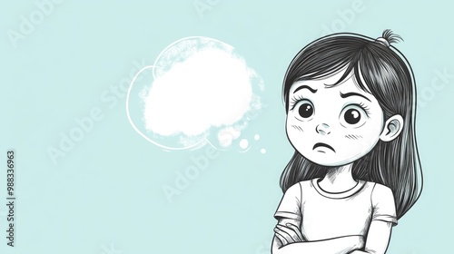 Line art illustration of a cartoon girl expressing annoyance with a thought bubble