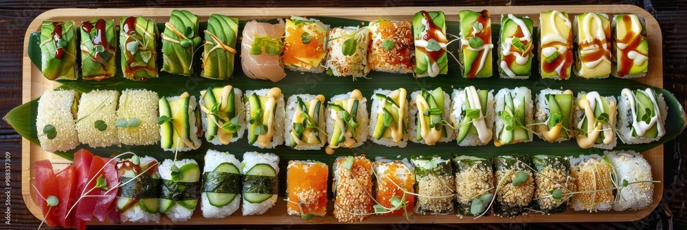 Fototapeta premium Various Maki Sushi Big Set, Norimaki Rolles Collection on Wooden Plate Top View