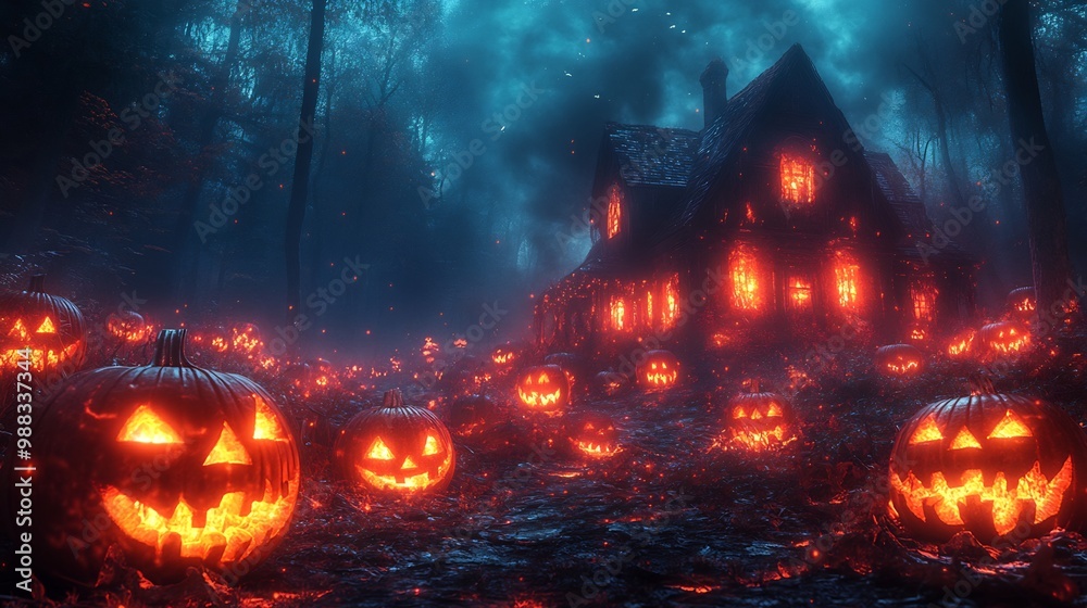 Dark Halloween background featuring glowing pumpkins and a haunted house deep in the woods Dark Halloween background featuring glowing pumpkins and a haunted house deep in the woods