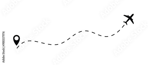 The plane icon follow from start pin point to finish by dashed line. Airplane dashed line path flat style design isolated on white background. Airplane route trace flight air map.