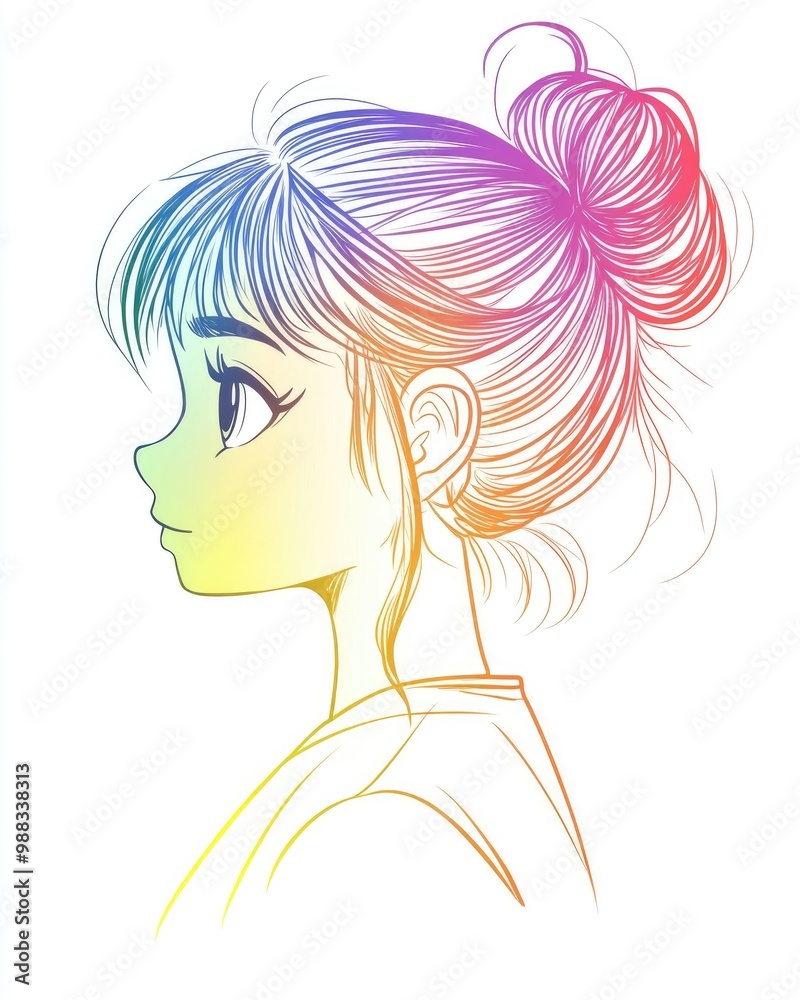 Line art illustration featuring a rainbow gradient drawing of an adorable cartoon girl with a trendy haircut Line art illustration featuring a rainbow gradient drawing of an adorable cartoon girl with a trendy haircut