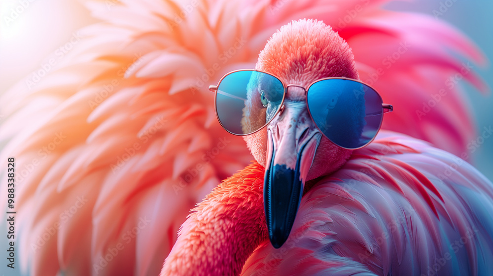 Fototapeta A flamingo with sunglasses on a soft pastel background