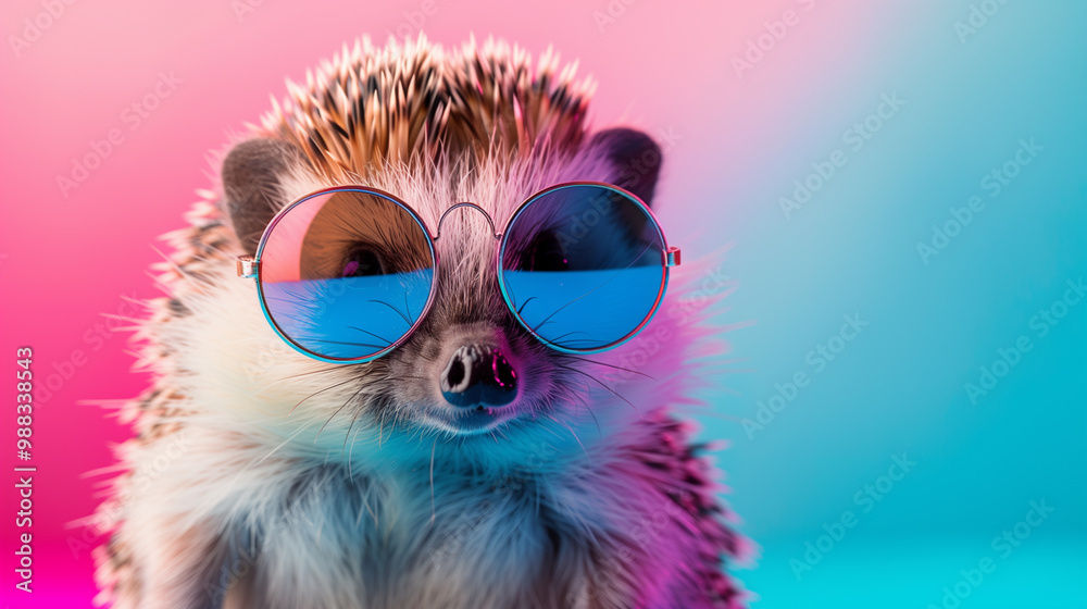Hedgehog with sunglasses in front of a colorful neon background Hedgehog with sunglasses in front of a colorful neon background