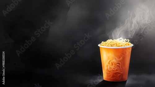 Instant noodles in a cup, steaming quick meal, watercolor style