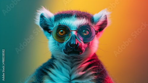 A ring tailed lemur with sunglasses in front of a neon colorful background