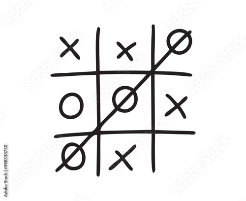 Hand drawn tic tac toe game, doodle X-O children game. Noughts and win. Play tictactoe draw.
