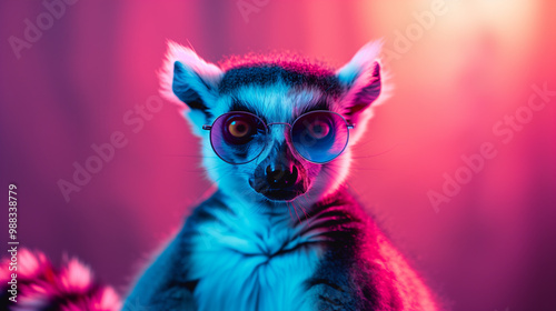 A ring tailed lemur with sunglasses in front of a neon colorful background