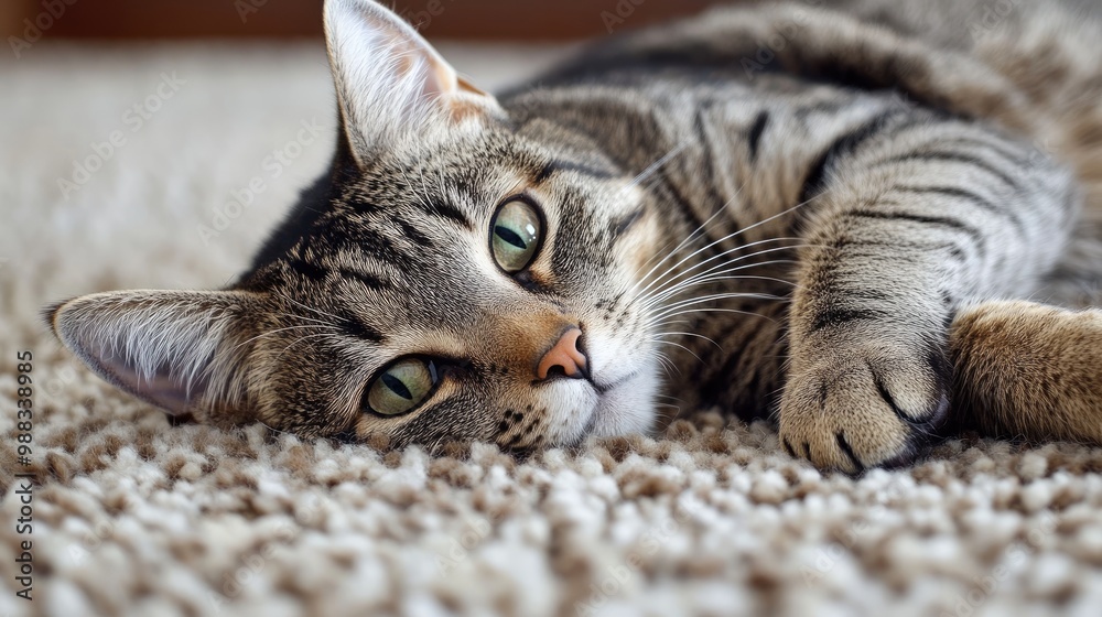 A close-up photo of a tabby cat lying down. This image is perfect for websites or social media posts promoting pet products or services. A close-up photo of a tabby cat lying down. This image is perfect for websites or social media posts promoting pet products or services.