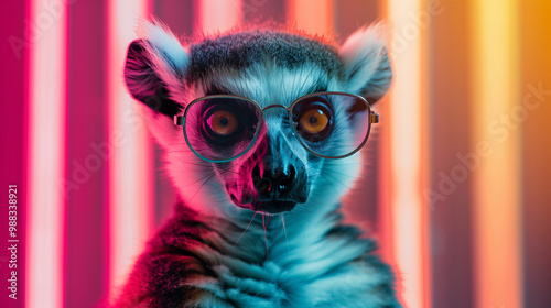 A ring tailed lemur with sunglasses in front of a colorful neon background