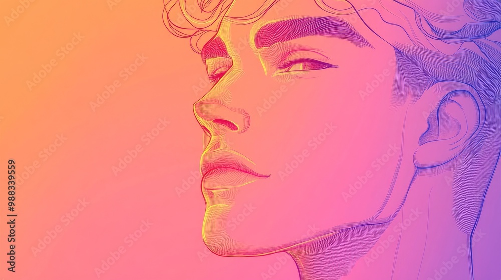 Line art illustration featuring a warm gradient depiction of a cartoon male face Line art illustration featuring a warm gradient depiction of a cartoon male face