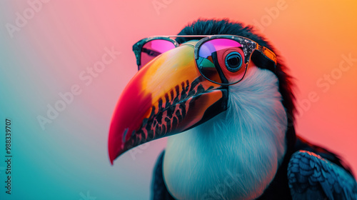 Toucan with sunglasses in front of a colorful background