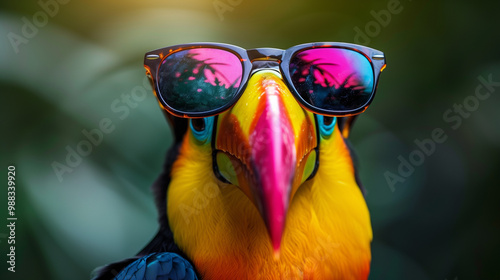 Toucan with sunglasses in front of a colorful background