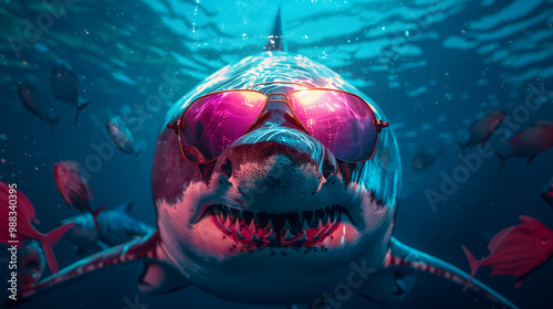 A great white shark with sunglasses on a colorful background