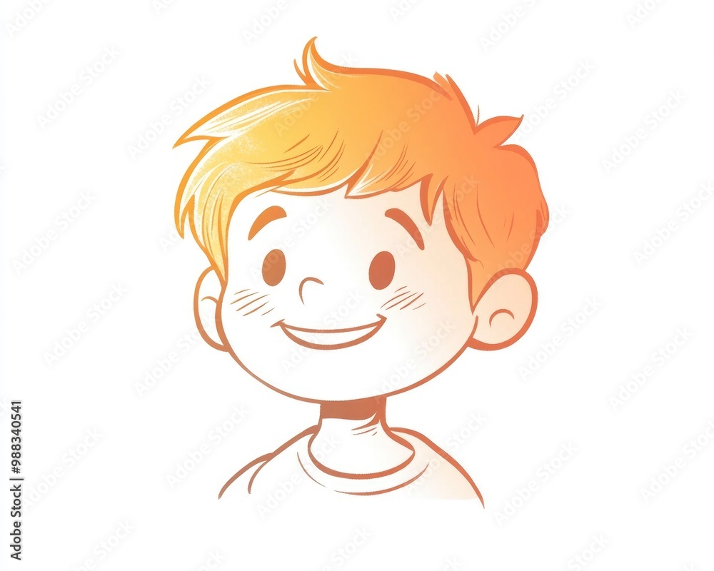 Line art illustration featuring a warm gradient drawing of a cheerful cartoon boy Line art illustration featuring a warm gradient drawing of a cheerful cartoon boy