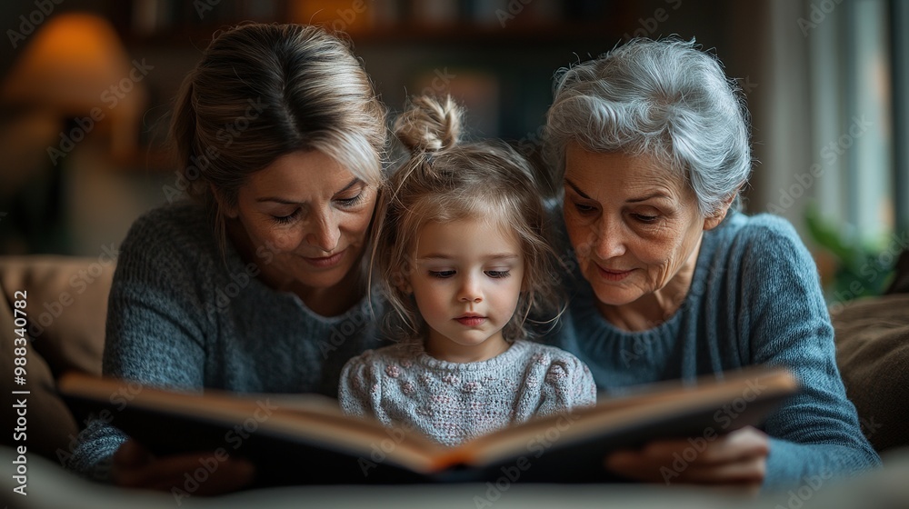 small girl with mother, grandmother at home looking at photographs small girl with mother, grandmother at home looking at photographs