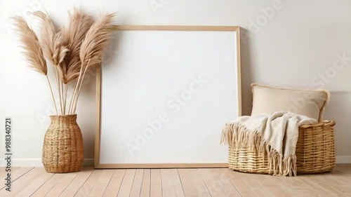 ertical frame mockup standing on wooden floor in living room interior with dried pampas grass, woven basket, blanket and pillow with tassels on white room, interior, wall High quality HD 4K Video Clip photo