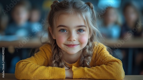 small school girl sitting at the desk in classroom looking at camera