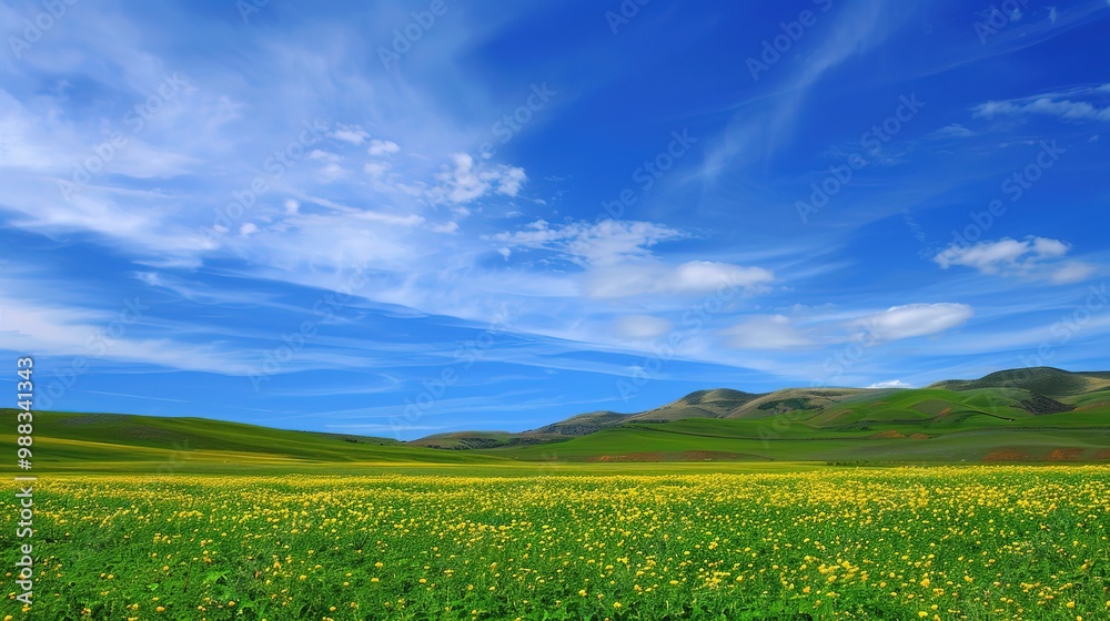A glorious display of beautiful scenery with natural beauty and expansive grasslands. The grasslands are a vivid green, stretching as far as the eye can see. There are wildflowers dotting the landscap A glorious display of beautiful scenery with natural beauty and expansive grasslands. The grasslands are a vivid green, stretching as far as the eye can see. There are wildflowers dotting the landscap