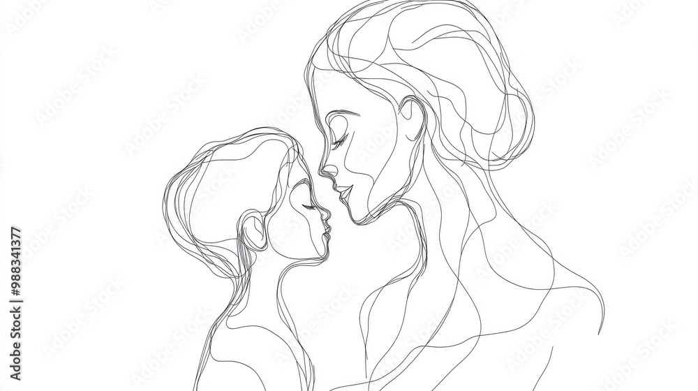 Single continuous line drawing of a parent and child depicting a woman and a young one in a minimalist doodle style on a white background Single continuous line drawing of a parent and child depicting a woman and a young one in a minimalist doodle style on a white background