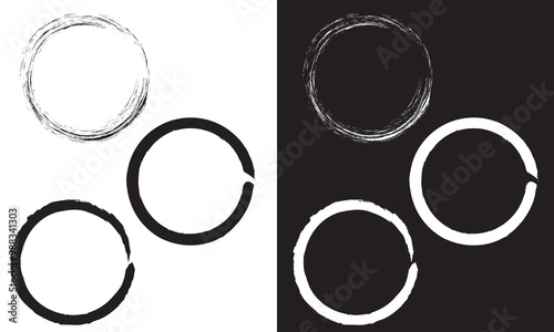 Grunge circles brush set. Black and white circle frames. Round line of black paint. Grunge round shapes. Circular ink brush stroke fro design elements. Isolated on white and black background. EPS 10. 