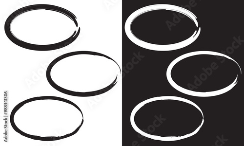 Grunge circles brush set. Black and white circle frames. Round line of black paint. Grunge round shapes. Circular ink brush stroke fro design elements. Isolated on white and black background. EPS 10. 