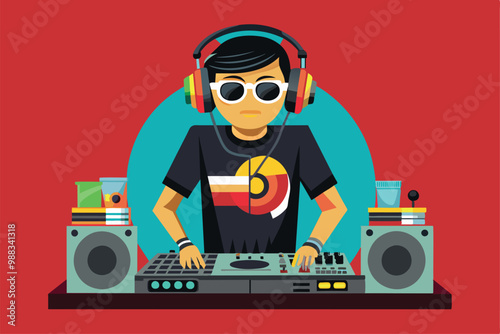 A customizable illustration features a DJ wearing headphones and sunglasses, mixing tracks at a colorful setup with speakers and drinks.