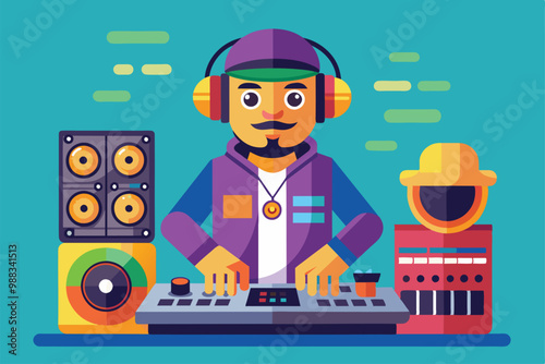 A DJ wearing headphones skillfully mixes music using a controller surrounded by speakers in a lively party atmosphere.
