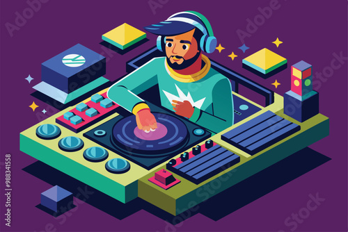 A DJ passionately mixes tracks at a lively nightclub, surrounded by colorful equipment and a dynamic atmosphere, capturing the essence of electronic music culture.