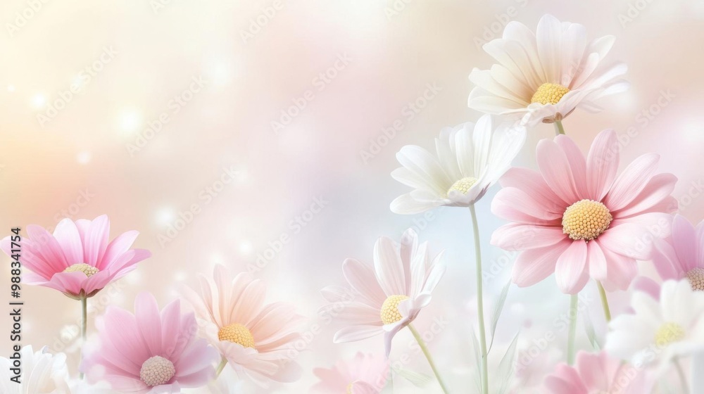 Fototapeta premium A soft, dreamy composition of pastel flowers in bloom, evoking feelings of tranquility and natural beauty.