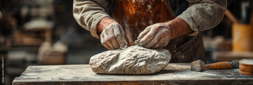 Sculptor at Work, a craftsman meticulously chiseling stone, workshop tools and materials softly blurred in the background, showcasing artistry and dedication Sculptor at Work, a craftsman meticulously chiseling stone, workshop tools and materials softly blurred in the background, showcasing artistry and dedication