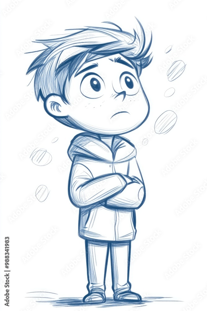 Line art illustration of a cold gradient drawing featuring a curious cartoon boy Line art illustration of a cold gradient drawing featuring a curious cartoon boy