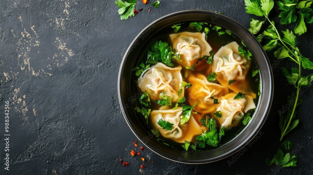 A bowl of wonton soup with vegetables, viewed from above, with ample copy space available. A bowl of wonton soup with vegetables, viewed from above, with ample copy space available.