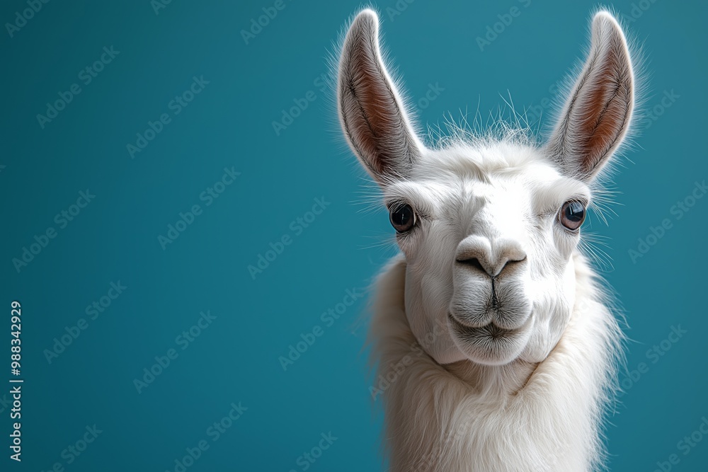 Obraz premium White llama with a blue background. The llama has a pink nose and is looking at the camera. Llama in a solid colour background copy space