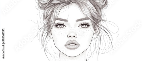 Line art illustration featuring a lovely girl with full lips and a bun hairstyle