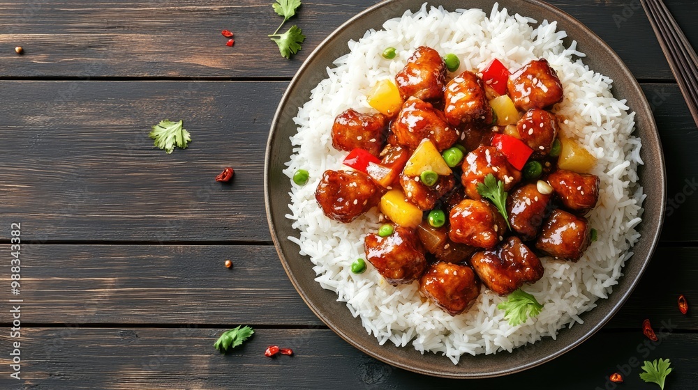 A plate of Chinese sweet and sour pork with rice, top view with room for copy space. A plate of Chinese sweet and sour pork with rice, top view with room for copy space.