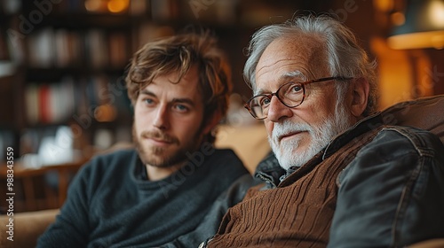 an adult hipster son, senior father sitting on sof indoors at home talking