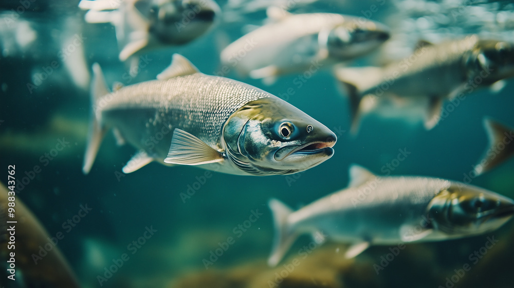 Naklejka premium Salmon swimming on the surface of fish farm. fish. Illustrations 