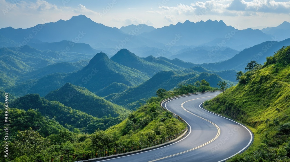 Fototapeta premium A scenic Chinese highway winding through mountains, with space for copy text in the background.