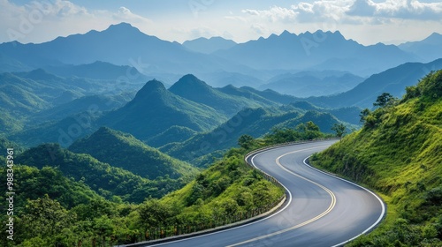 A scenic Chinese highway winding through mountains, with space for copy text in the background.