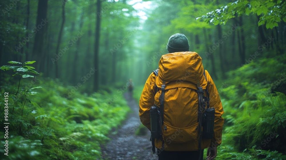 Naklejka premium A person is walking down a path in a lush forest at the beginning, expressing a journey, adventure, starting a new journey, new experiences.