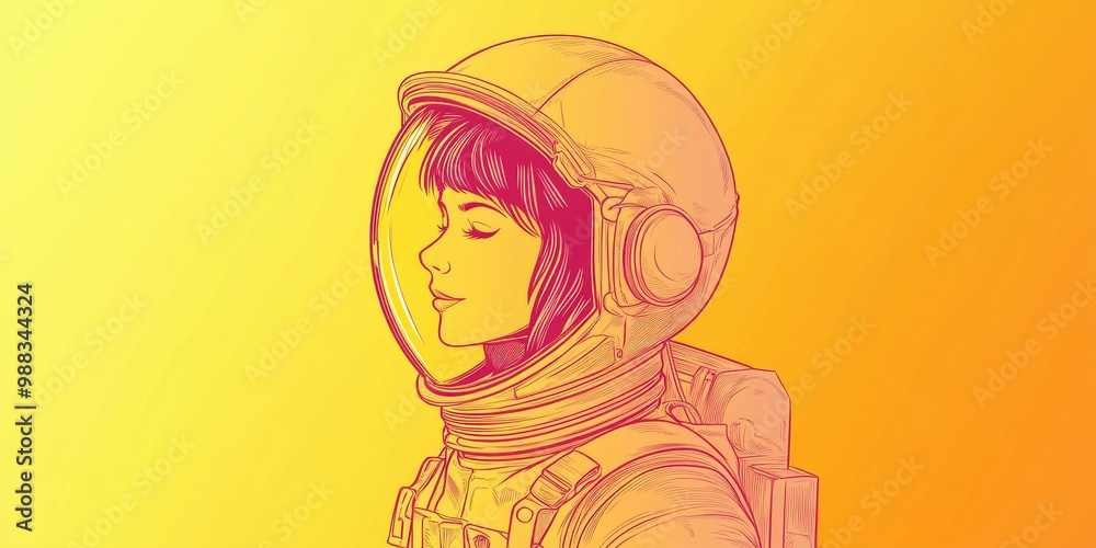 Line art illustration featuring a warm gradient of a cartoon female astronaut Line art illustration featuring a warm gradient of a cartoon female astronaut