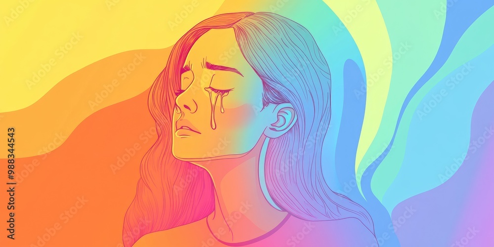 Line art illustration featuring a rainbow gradient of a cartoon woman in tears Line art illustration featuring a rainbow gradient of a cartoon woman in tears