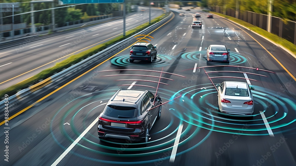 Autonomous cars driving on a highway. The cars are equipped with sensors that allow them to navigate safely and efficiently.