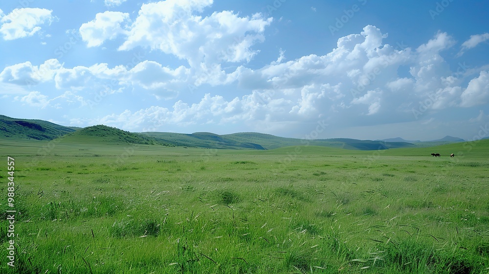 A glorious display of beautiful scenery with natural beauty and expansive grasslands. The grasslands are a vivid green, stretching as far as the eye can see. There are wildflowers dotting the landscap A glorious display of beautiful scenery with natural beauty and expansive grasslands. The grasslands are a vivid green, stretching as far as the eye can see. There are wildflowers dotting the landscap