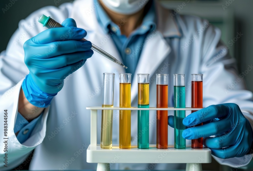 Scientific Analysis. A scientist in a lab coat and gloves conducts an experiment with test tubes. Scientific Analysis. A scientist in a lab coat and gloves conducts an experiment with test tubes.
