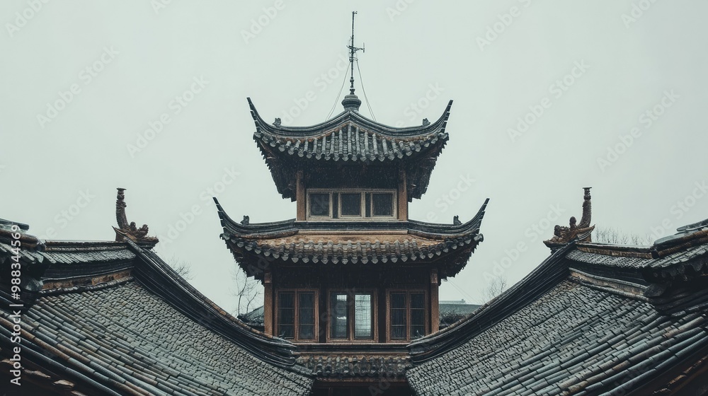 Fototapeta premium A telecommunications tower rising above traditional Chinese architecture, leaving room for copy space.