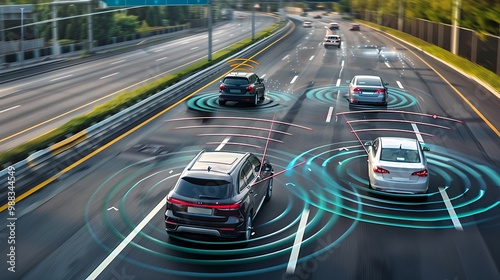 Obraz na płótnie Autonomous cars driving on a highway. The cars are equipped with sensors that allow them to navigate safely and efficiently. w salonie