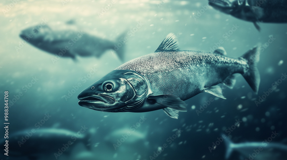 Fototapeta premium Salmon swimming on the surface of fish farm. fish. Illustrations 